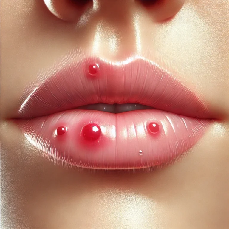 Close-up of lips with visible cold sore blisters, showing redness and irritation.