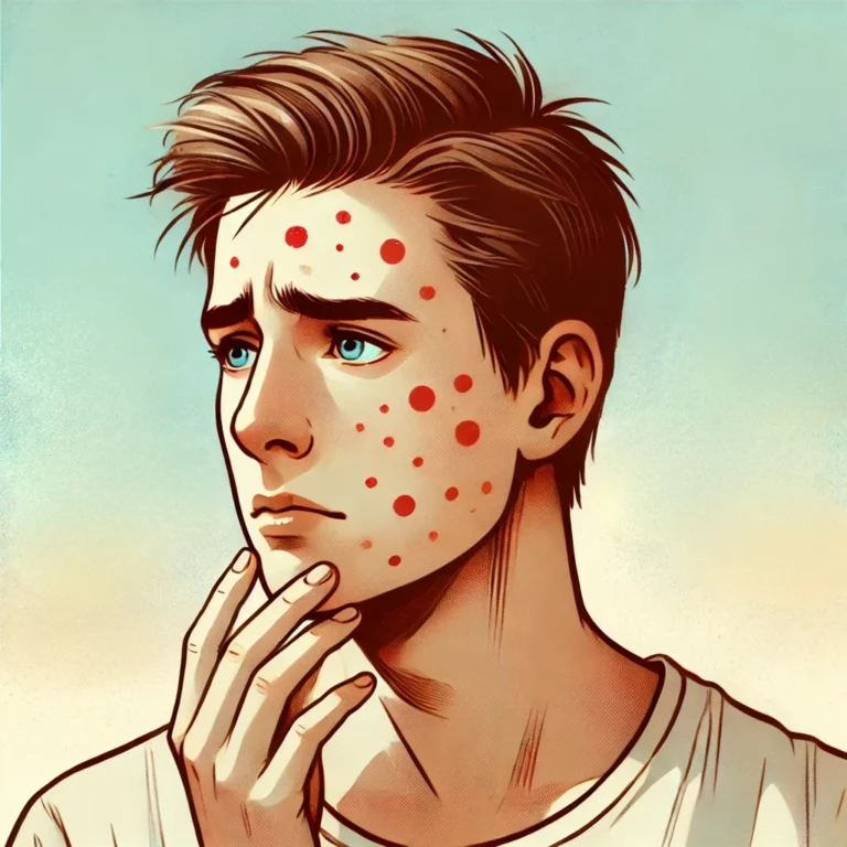 Person with visible acne looking concerned, symbolizing the impact of acne on skin and self-confidence.