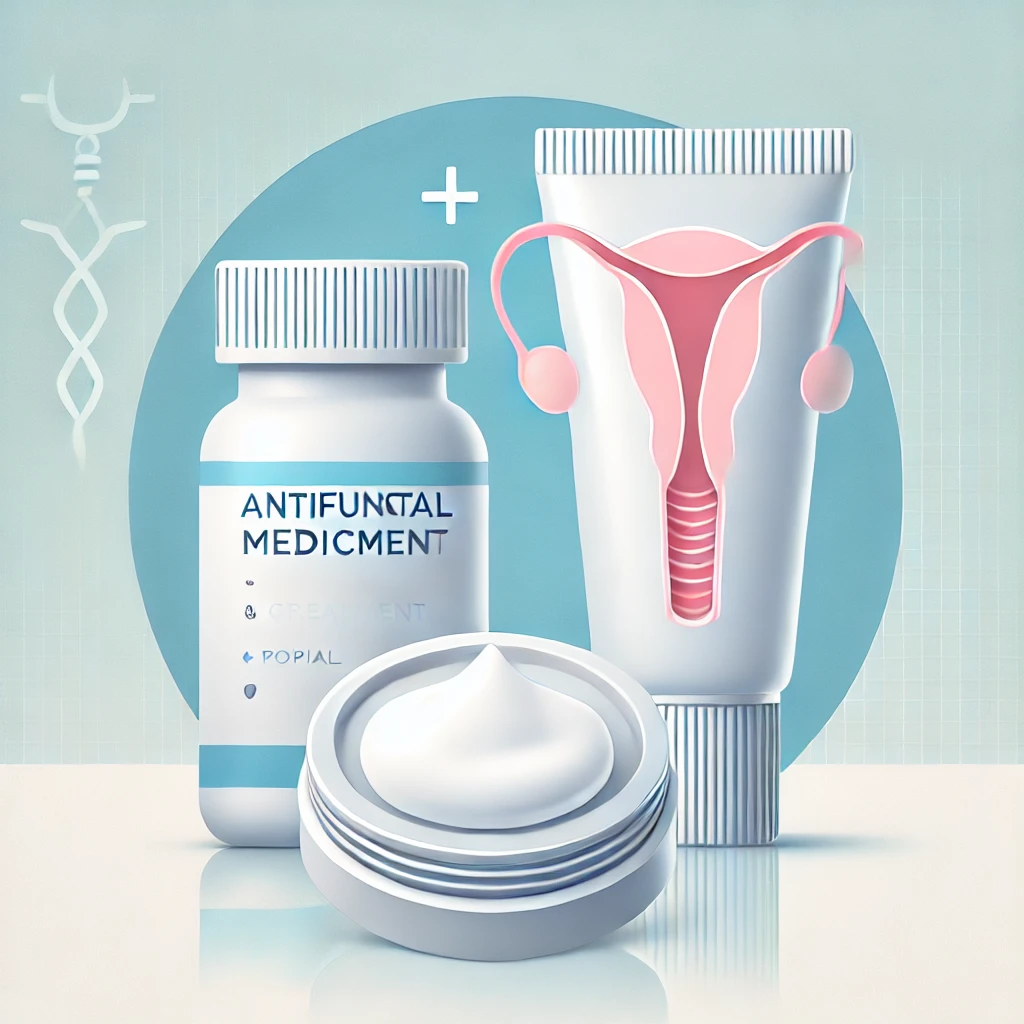 Illustration of genital thrush treatment, featuring a plain pill bottle and a topical cream tube, symbolizing antifungal medication.