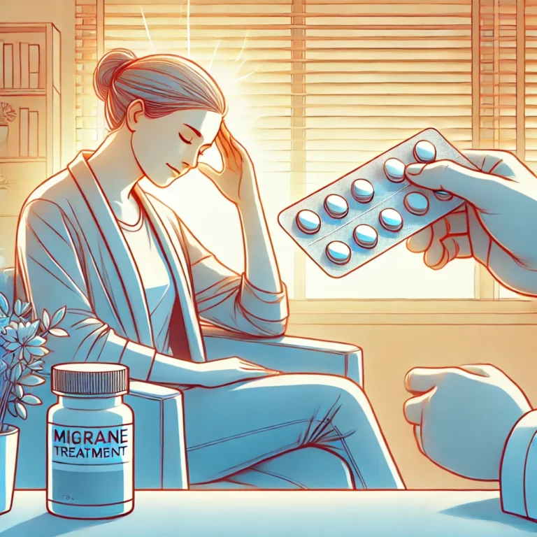 Patient sitting in a relaxed posture, experiencing relief after taking migraine medication