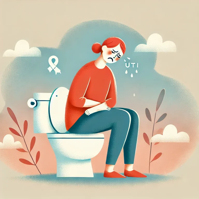 Woman with a pained expression sitting on a toilet, experiencing discomfort while urinating due to a UTI.